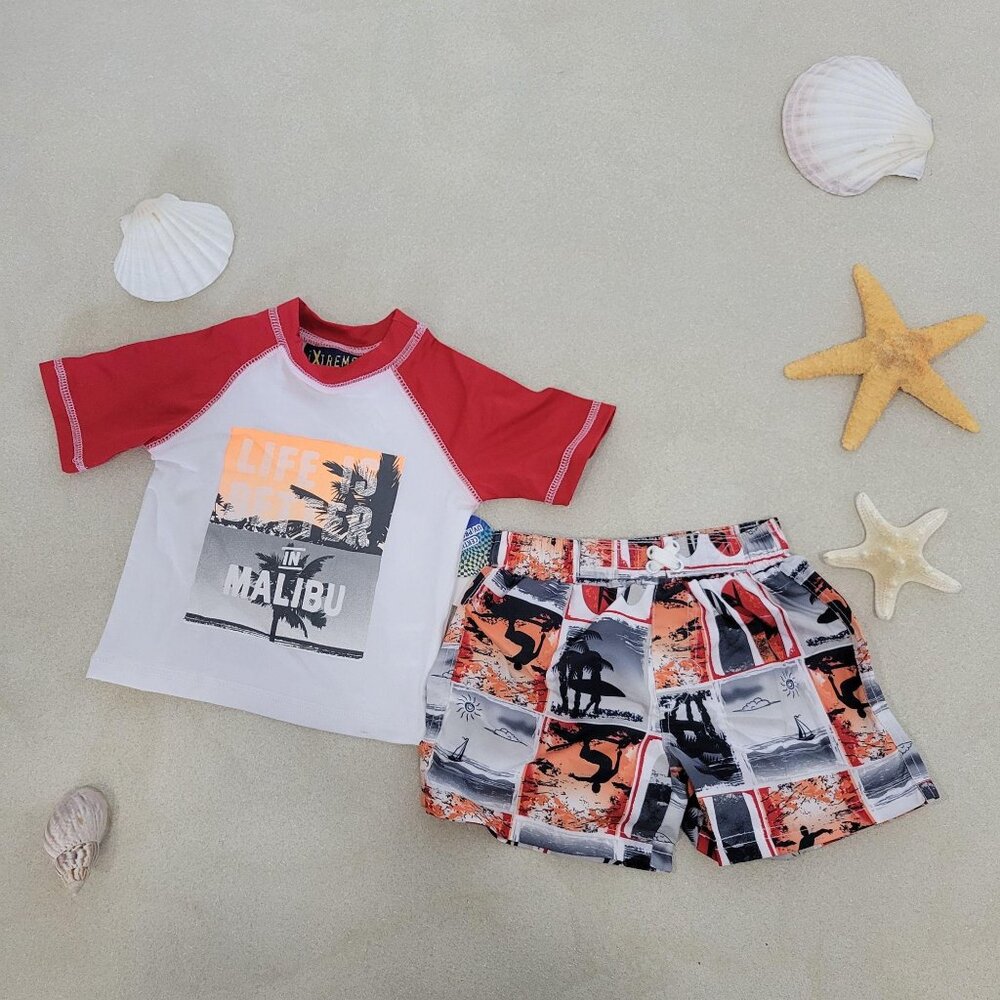 iXtreme Rashguard swim trunks Set 12M Red Boys Baby Printed Two-Piece Surf Board